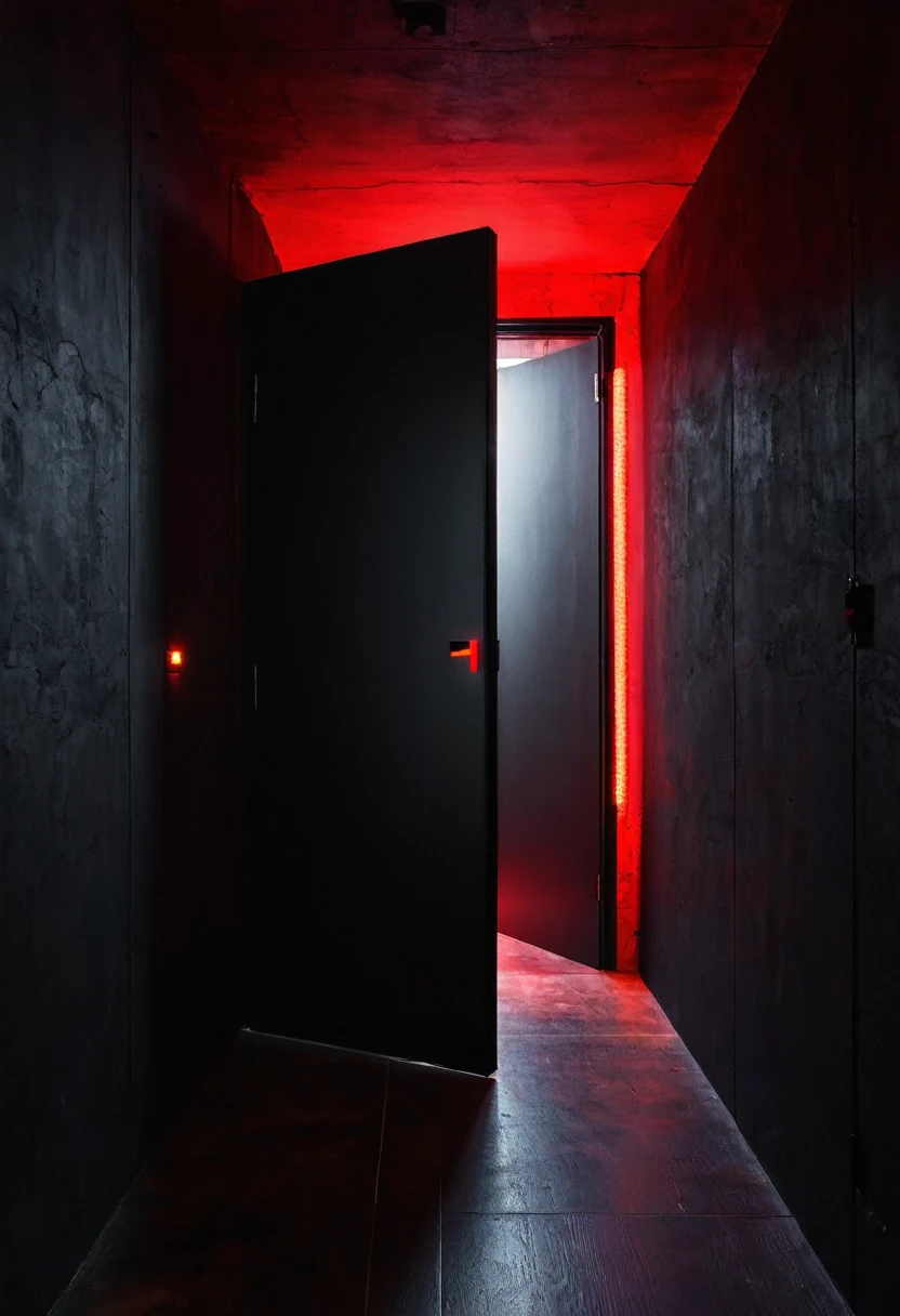 darkness, a black wall. With an open door with a bright red light coming from inside the door.