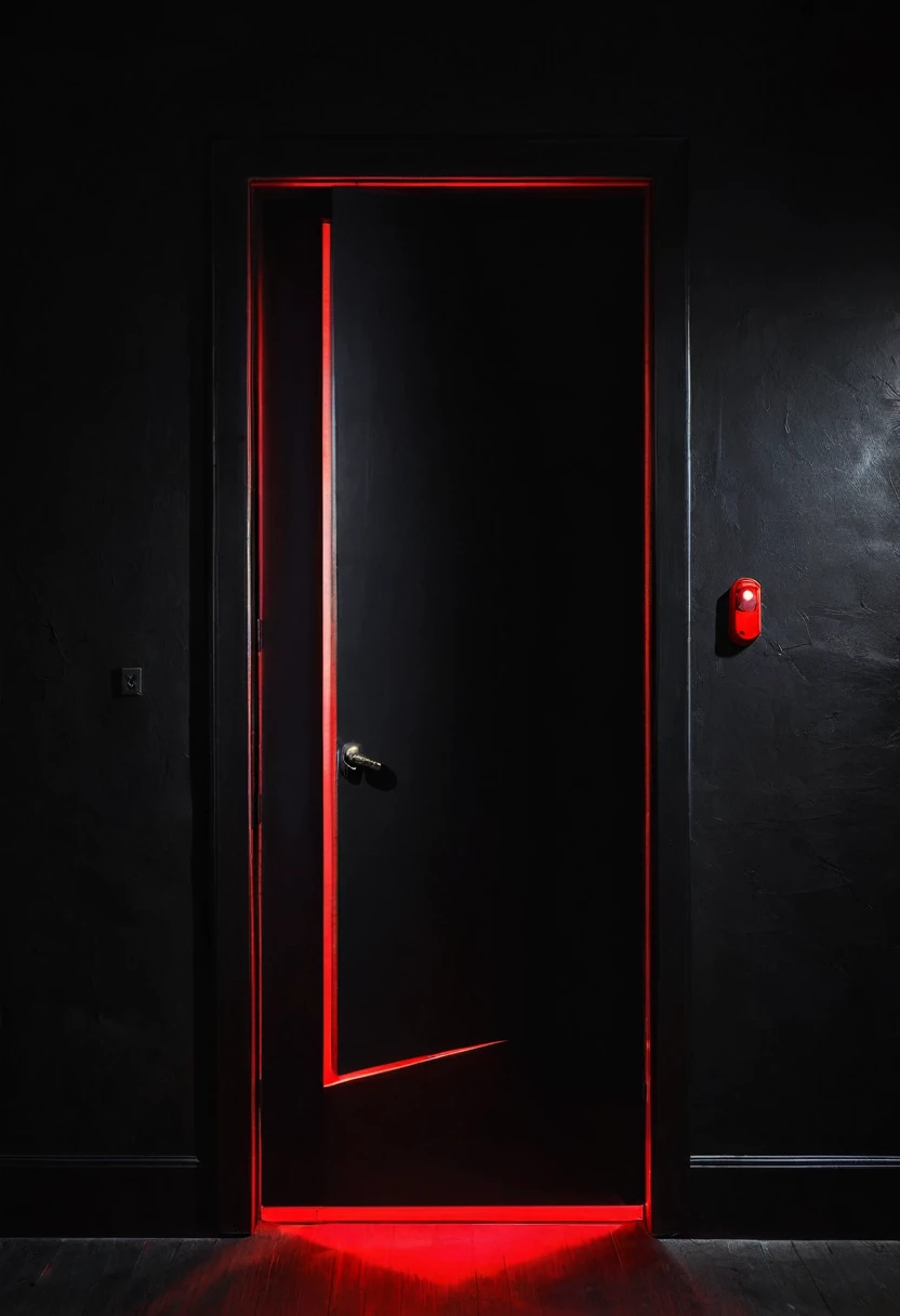 darkness, a black wall. With an open door with a bright red light coming from inside the door.