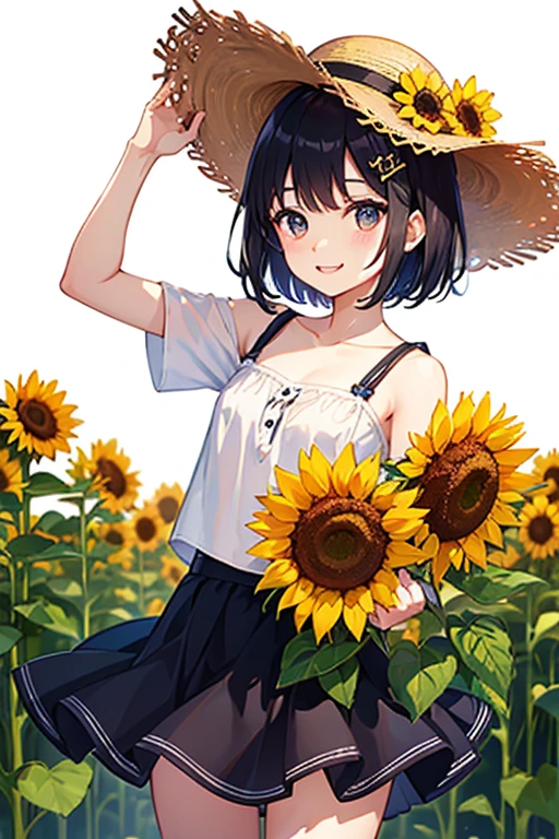 Highest quality、Black Hair、Iris、short hair、girl、cute、16 years old、、Small hair ornament、1 person、Summer clothes、skirt、Straw hat、The background is a sunflower field、V sign、Bright smile、Look this way、