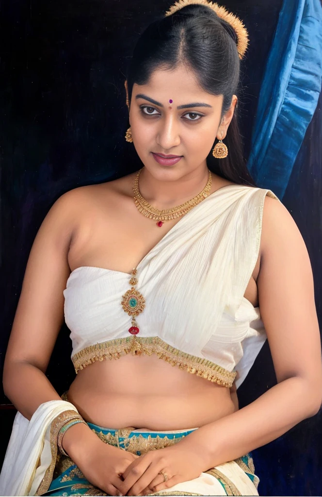 Bathing woman, gorgeous, Masterpiece,8k uhd, hdr, realistic, hyper realistic, intricate, vibrant colour, painting of a woman in a sari sitting on a chair, traditional beauty, inspired by Raja Ravi Varma, indian art, by Raja Ravi Varma, painting of beautiful, inspired by T. K. Padmini, painting of a woman, soft lighting , by Sardar Sobha Singh, gorgeous woman, oil on canvas painting, traditional painting, oil-painting