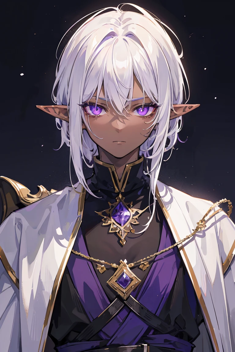 masterpiece, high quality, perfect face, 1man, male, tall, dark elf, short messy white hair, glowing purple eyes, dark skin, long elf ears, tired eyes, eyebags, black robe