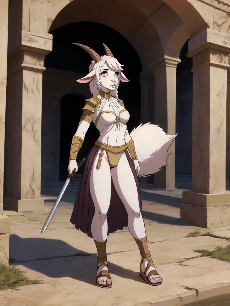 1girl, furry, furry_female, goat_ears, goat_girl, solo, wearing roman armor, gladiator flat sandals, gladiator skirt, holding sword, nose ring, septum piercing ring