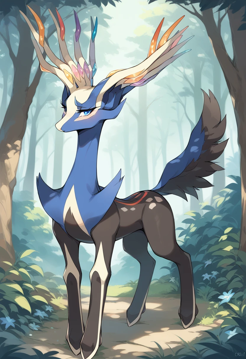 score_9, score_8_up, score_7_up, solo, Xerneas, (close-up), forest, nature, deer, stunning scenery, full body, looking at the viewer