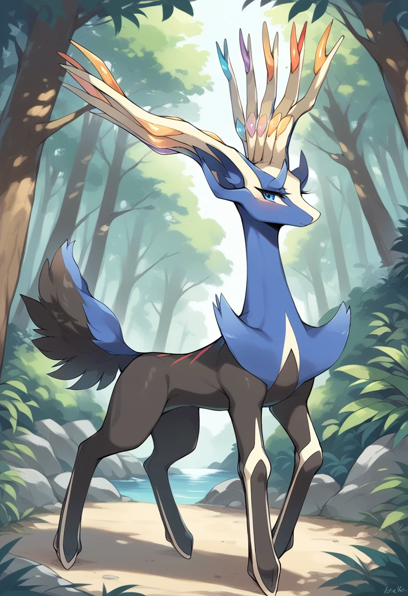 score_9, score_8_up, score_7_up, solo, Xerneas, (close-up), forest, nature, deer, stunning scenery, full body, looking at the viewer