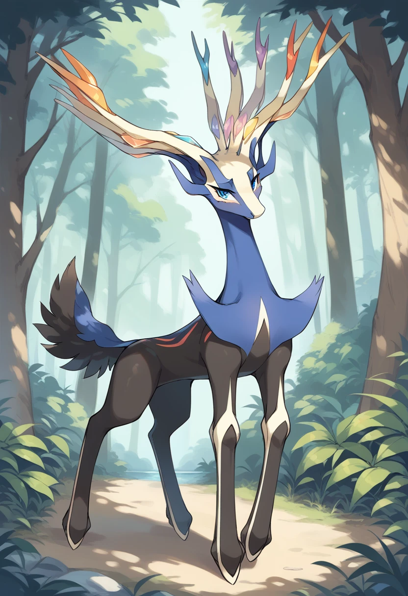 score_9, score_8_up, score_7_up, solo, Xerneas, (close-up), forest, nature, deer, stunning scenery, full body, looking at the viewer