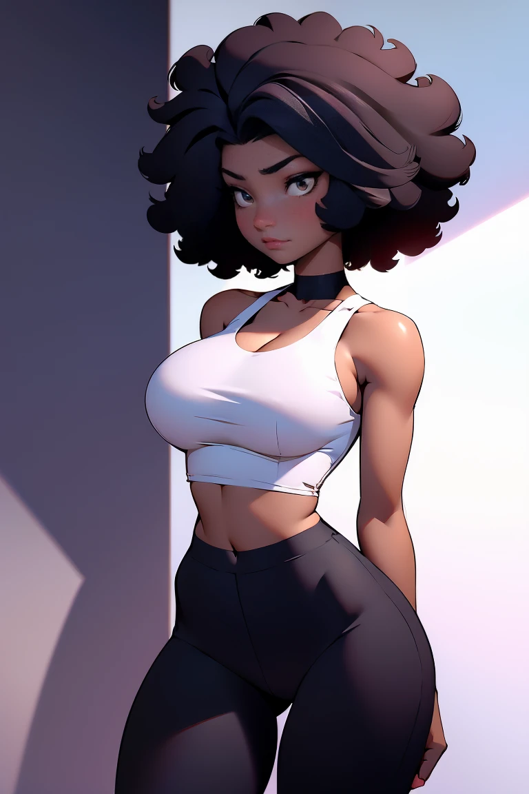 afro american girl, dark skin, behind view, afro haircut, 1 girl, solo, (black leggins) (crop tank top, cleavage), sleveless, medium perky , wide hips