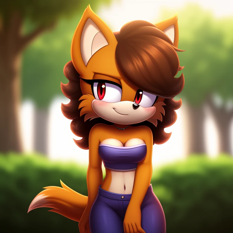 mobian, solo, hedgehog, two-tone fur ((orange fur, brown fur)), strapless crop top, baggy pants, cleavage, two-tone hair (brown hair, black tip)), curly hair, halo, sunglasses, jewelry, red eyes, longeyelashes, red eyes, smile, shy, blush,  framed, stereogram, image fill, viewfinder, depth of field, high details, high detail, masterpiece, UHD, anatomically correct, super detail, highres, 4K