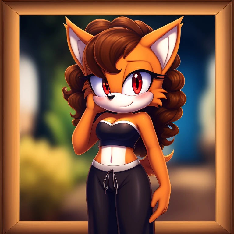 mobian, solo, hedgehog, two-tone fur ((orange fur, brown fur)), strapless crop top, baggy pants, cleavage, two-tone hair (brown hair, black tip)), curly hair, halo, sunglasses, jewelry, red eyes, longeyelashes, red eyes, smile, shy, blush, framed, stereogram, image fill, viewfinder, depth of field, high details, high detail, masterpiece, UHD, anatomically correct, super detail, highres, 4K