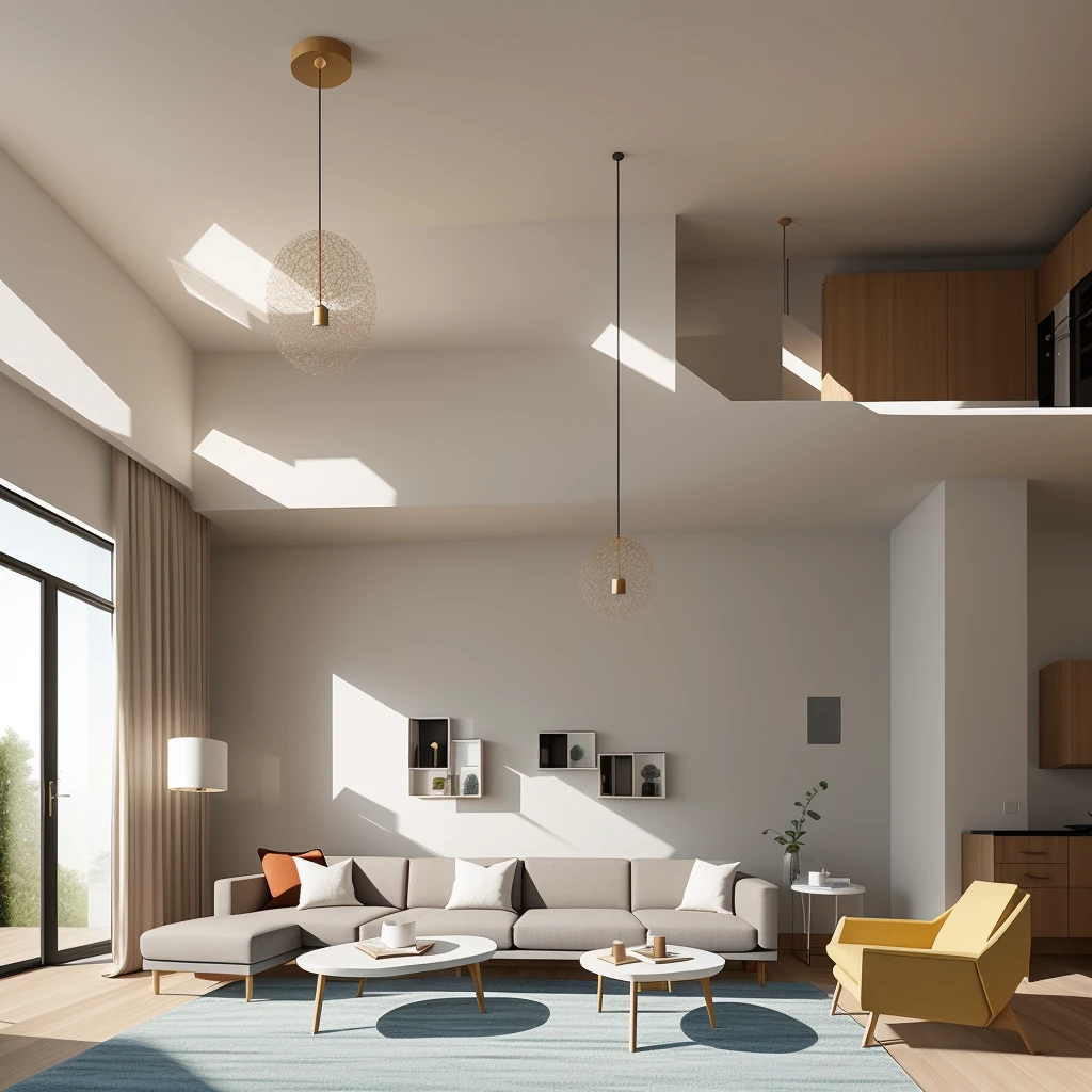 In a modern living room designed by renowned architects, the sleek lines and minimalist aesthetics come to life in a digital illustration reminiscent of M.C. Escher's mind-bending art. The room's intricate geometry, furniture placement, and interplay of light and shadow create an illusion of endless space and complexity. The color temperature leans towards cool tones, enhancing the sense of contemporary elegance. Faces of imaginary occupants reveal a mix of awe and contemplation, perfectly complementing the surreal atmosphere. The lighting is soft, casting subtle gradients across the surfaces, contributing to the dreamlike ambiance