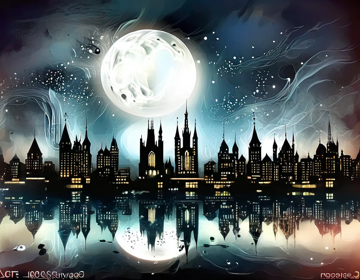 A gothic-inspired city with towering spires, gargoyles, and a full moon casting eerie shadows. The stars resemble ghostly apparitions in the sky.