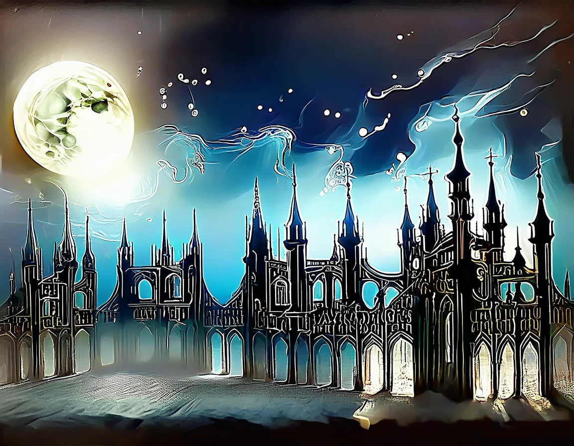 A gothic-inspired city with towering spires, gargoyles, and a full moon casting eerie shadows. The stars resemble ghostly apparitions in the sky.