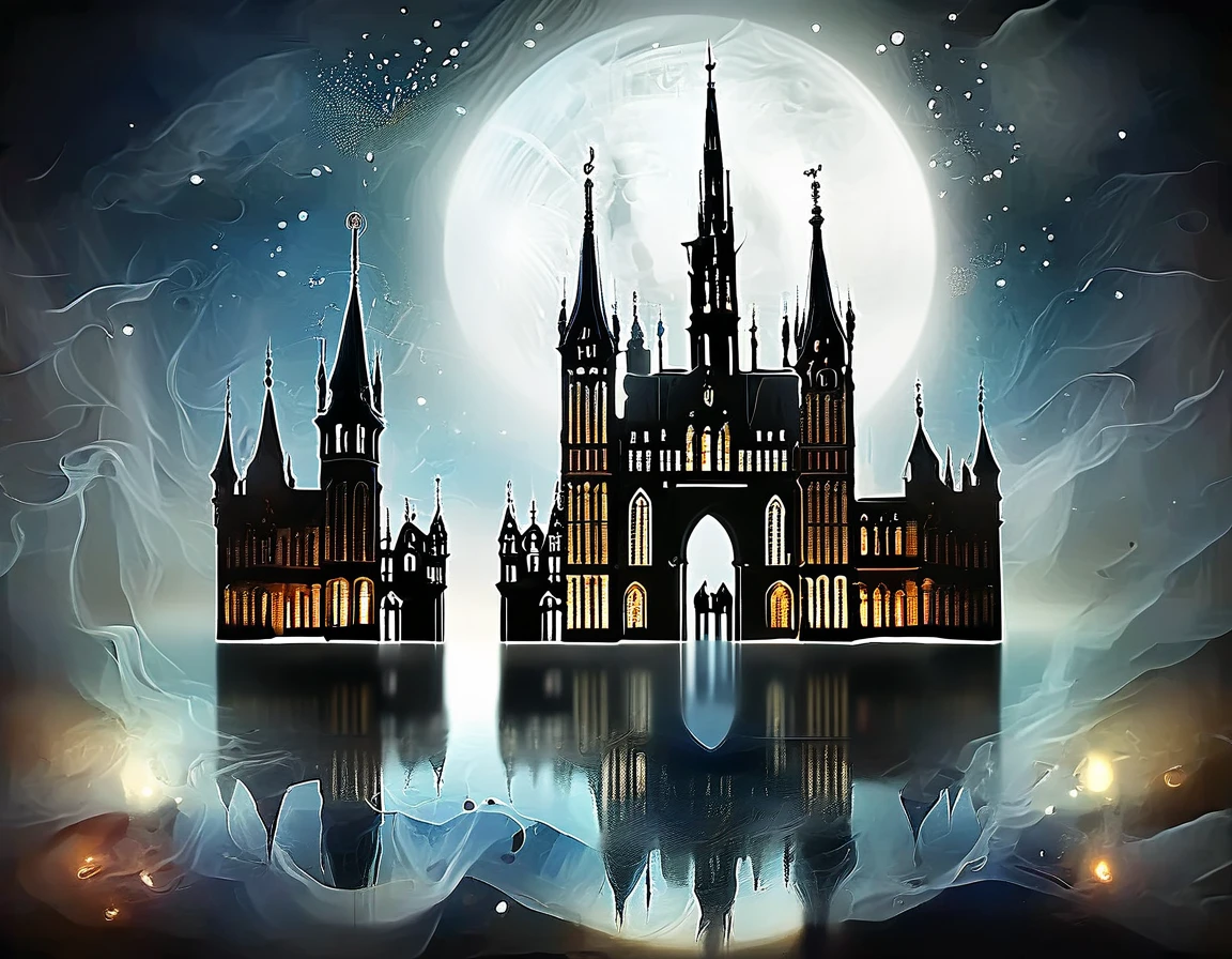 A gothic-inspired city with towering spires, gargoyles, and a full moon casting eerie shadows. The stars resemble ghostly apparitions in the sky.