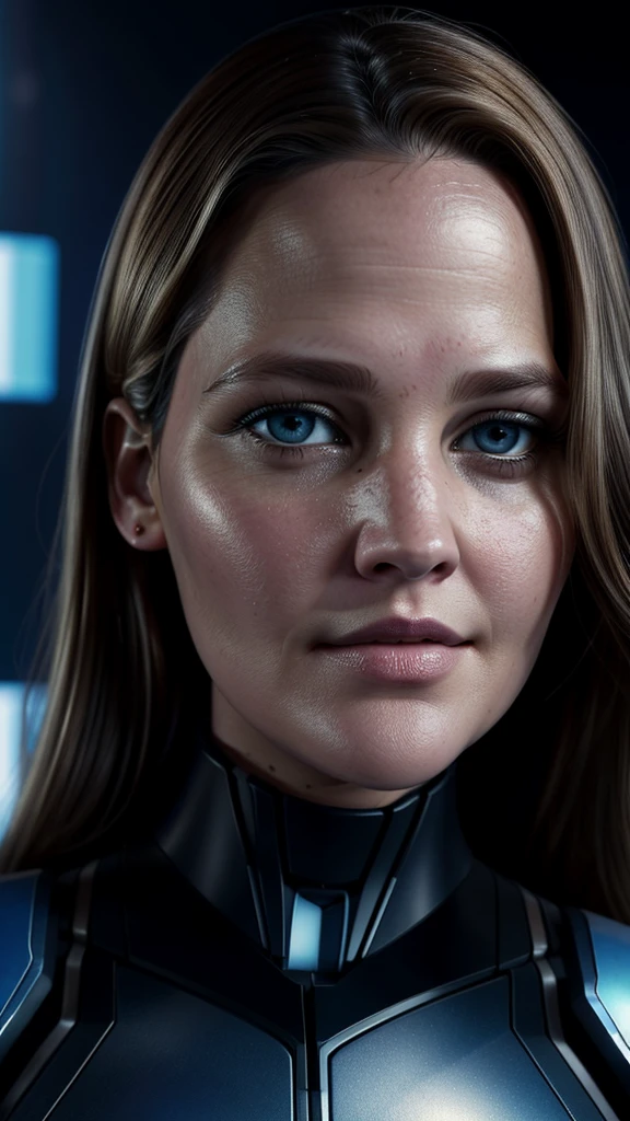 Face mix of Drew Barrymore and Jennifer Lawrence, Beautiful female humanoid robot , Full body Closeup shot, bionic eyes, futuristic background, hyper realistic synthetic skin of humanoid robot, very high quality and fantastic details with digital background , cinematic colour grading, cinematic view, movie scene stills,
