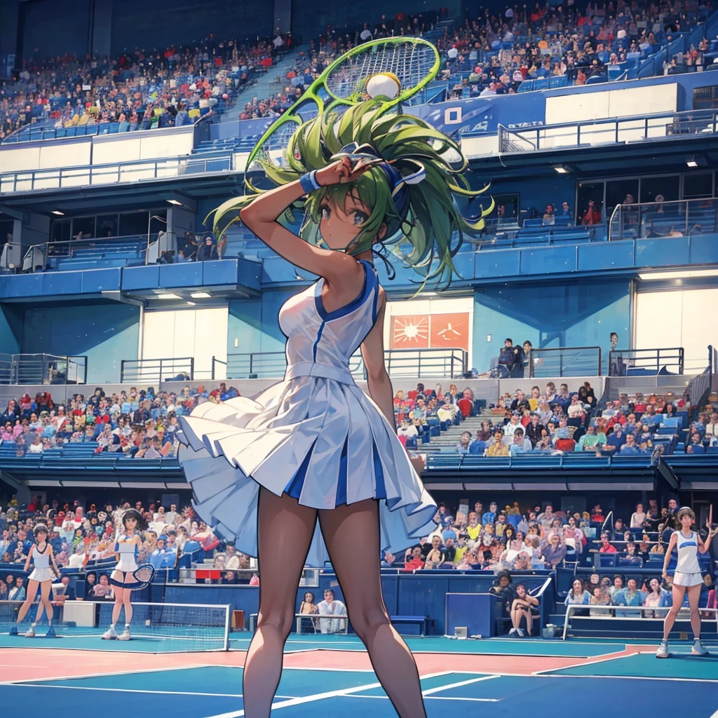 In the center of the tennis court、Get on your knees、Naomi Osaka slamming her racket on the ground。The audience seats can be seen in the background.、The silhouettes of the spectators are depicted with expressions of surprise.。Overall darker tones、The illustration conveys the disappointment of the athletes and the tension in the venue.。