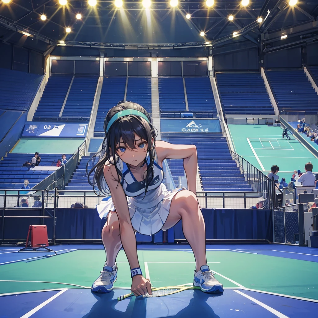 In the center of the tennis court、Get on your knees、Naomi Osaka slamming her racket on the ground。The audience seats can be seen in the background.、The silhouettes of the spectators are depicted with expressions of surprise.。Overall darker tones、The illustration conveys the disappointment of the athletes and the tension in the venue.。