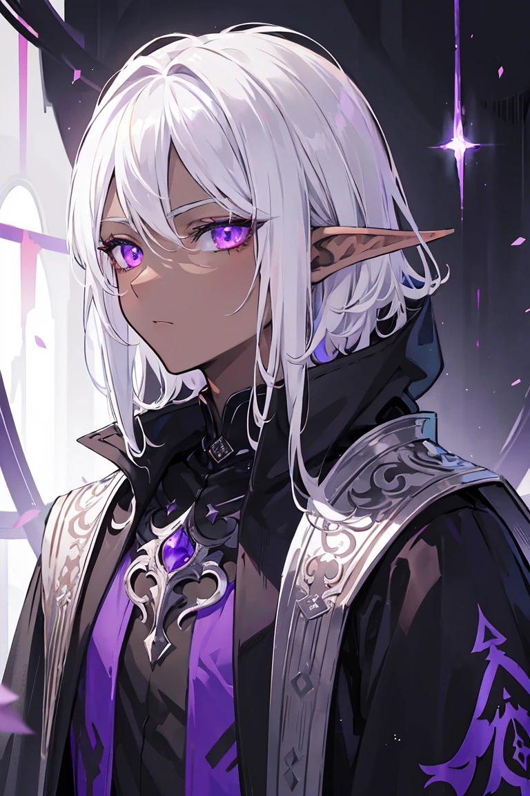 masterpiece, high quality, perfect face, 1man, male, tall, dark elf, short messy white hair, glowing purple eyes, dark skin, long elf ears, tired eyes, eyebags, black robe