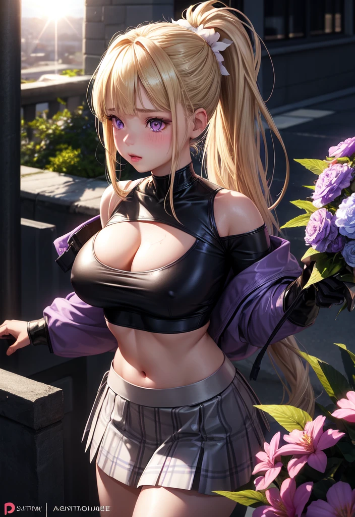 Realistic, One girl, Blonde, ponytail,Purple eyes, Glowing Eyes, Crop top, skirt, Lips parted, blush, night, Flowers, sun, sunlight,avec des seins plus gros et visible devant et des habits sans manches épaules et une poitrine plus grosse 