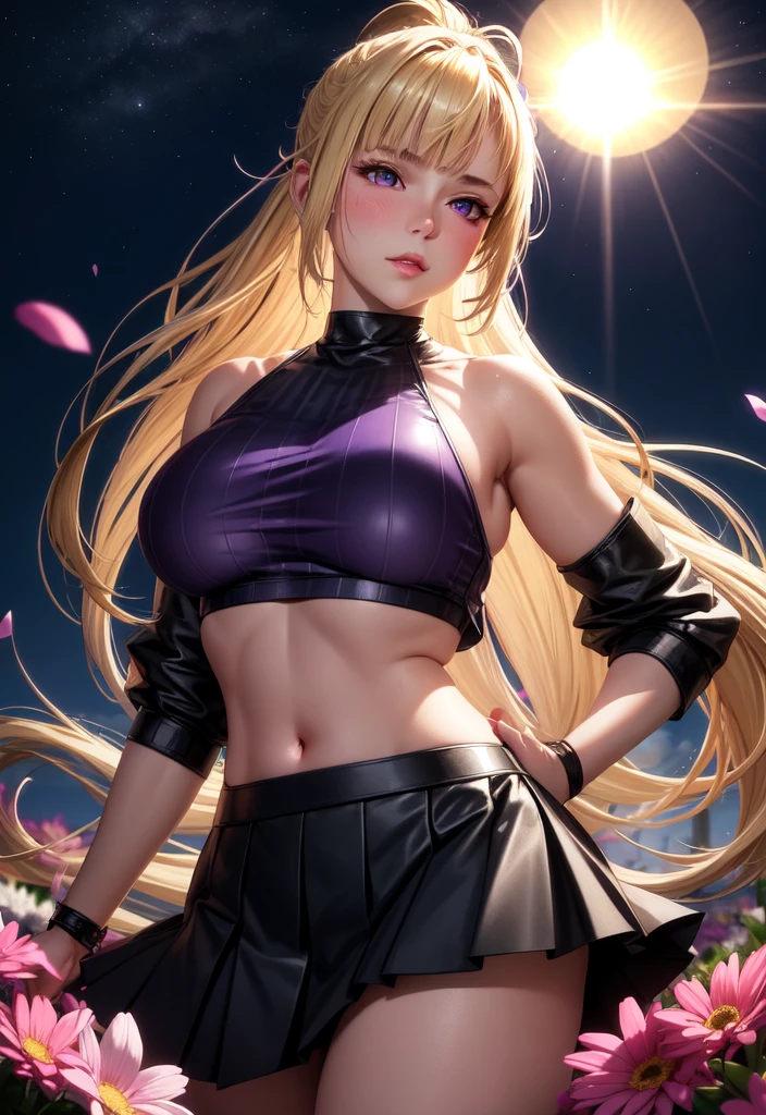1 girl, blonde hair, black eye, shining eyes, purple crop top, Purple miniskirt, smile、realistic, blush, night, flowers, sun, sunlight, masterpiece, 最high quality, high quality, High resolution