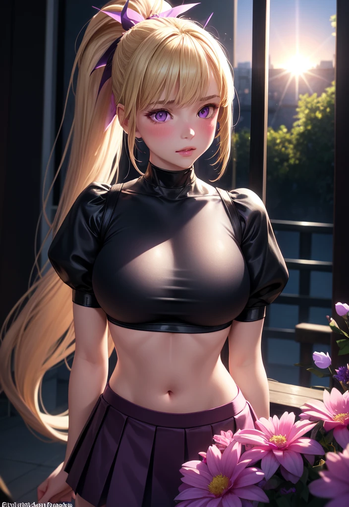 Realistic, One girl, Blonde, ponytail,Purple eyes, Glowing Eyes, Crop top, skirt, Lips parted, blush, night, Flowers, sun, sunlight,avec des seins plus gros et visible devant et des habits sans manches épaules et une poitrine plus grosse 