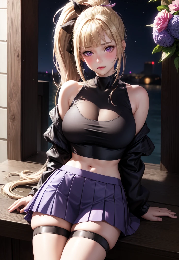 Realistic, One girl, Blonde, ponytail,Purple eyes, Glowing Eyes, Crop top, skirt, Lips parted, blush, night, Flowers, sun, sunlight,avec des seins plus gros et visible devant et des habits sans manches épaules et une poitrine plus grosse 