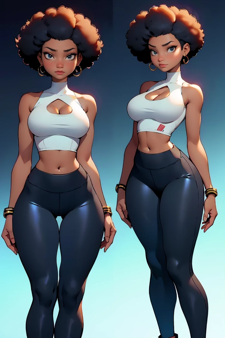 afro american girl, dark skin, behind view, afro haircut, 1 girl, solo, (black leggins) (crop tank top, cleavage), sleveless, medium perky , wide hips
