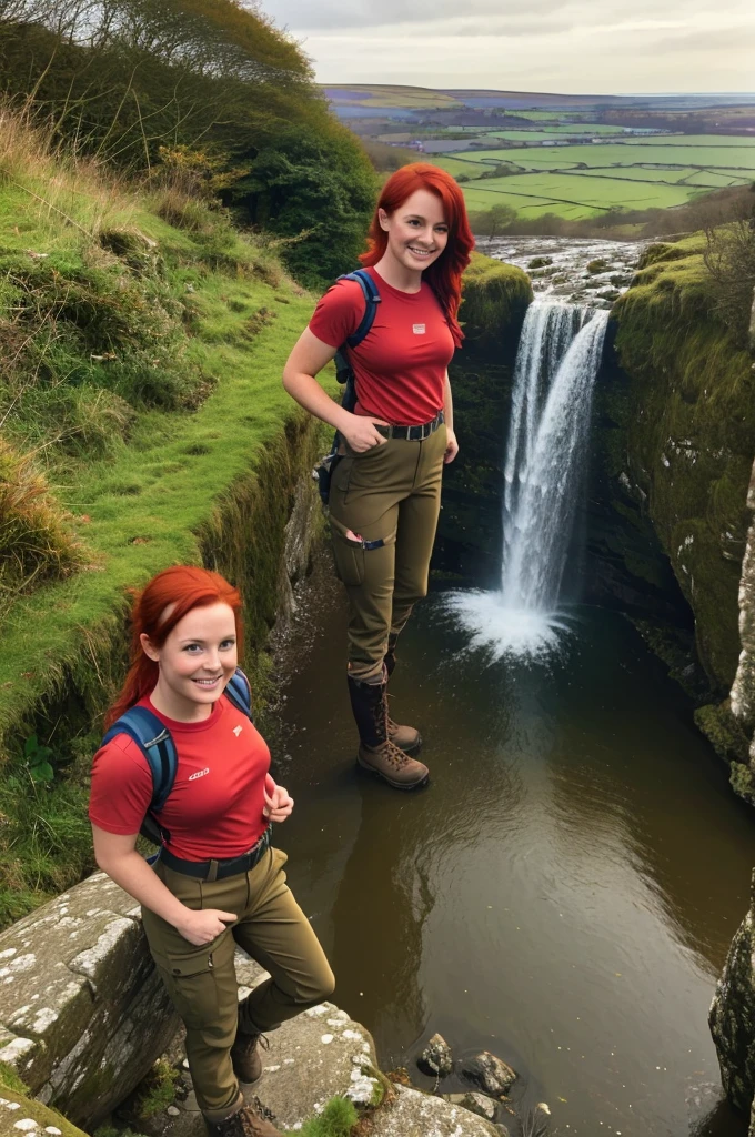 chris Eclear waterfall and Poole from 35 feet high Irish Vibrant red hair girl "She's very tall In a Hiking pants and top in the colour of Brown khaki Gear," Standing knee high with two white little dogs Give this picture an Irish feel of an Irish countryside