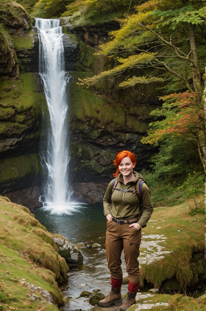 chris Eclear waterfall and Poole from 35 feet high Irish Vibrant red hair girl "She's very tall In a Hiking pants and top in the colour of Brown khaki Gear," Standing knee high with two white little dogs Give this picture an Irish feel of an Irish countryside