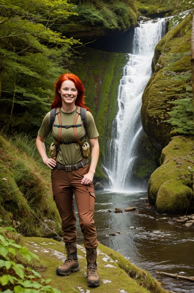 chris Eclear waterfall and Poole from 35 feet high Irish Vibrant red hair girl "She's very tall In a Hiking pants and top in the colour of Brown khaki Gear," Standing knee high with two white little dogs Give this picture an Irish feel of an Irish countryside
