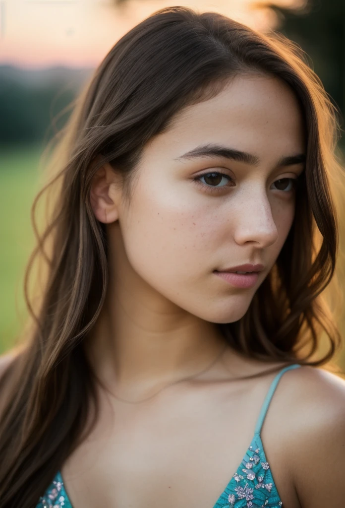 Sun set, RAW photo, (((extremely beautiful portrait))), ((glistening skin)), 1girl, 18 years old girl, ((natural brown hair)), [blue eyes], long hair, eyeliner, fluttering hair, vibrance, ((masterpiece, best quality, hyper detailed, Cinematic light, intricate details, highres, 8k, extremely detailed)), cleavage, detailed background, 8k uhd, dslr, soft lighting, high quality, film grain, Fujifilm XT3, shallow depth of field, natural light, (perfect hands), perfect face
