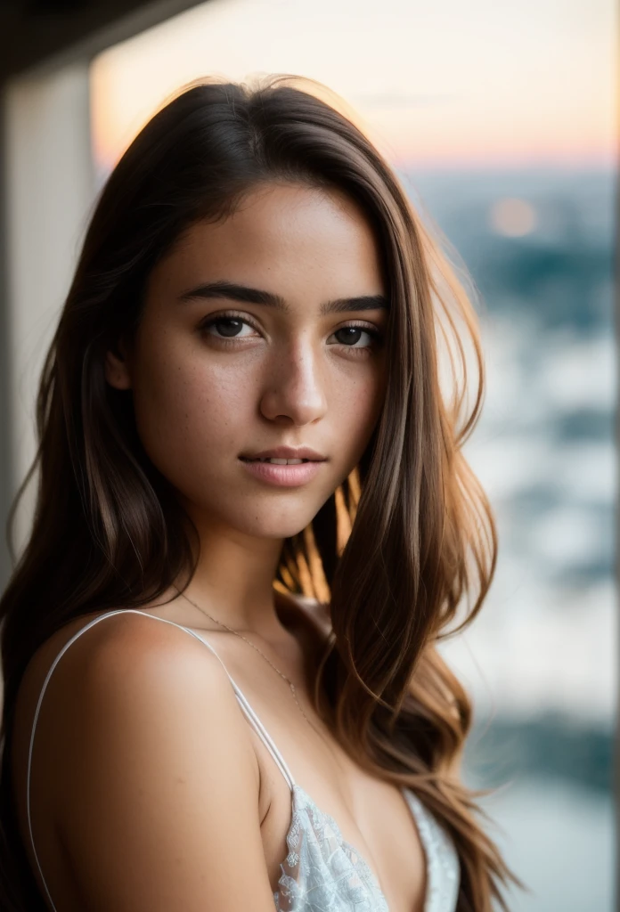 Sun set, RAW photo, (((extremely beautiful portrait))), ((glistening skin)), 1girl, 18 years old girl, ((natural brown hair)), [blue eyes], long hair, eyeliner, fluttering hair, vibrance, ((masterpiece, best quality, hyper detailed, Cinematic light, intricate details, highres, 8k, extremely detailed)), cleavage, detailed background, 8k uhd, dslr, soft lighting, high quality, film grain, Fujifilm XT3, shallow depth of field, natural light, (perfect hands), perfect face
