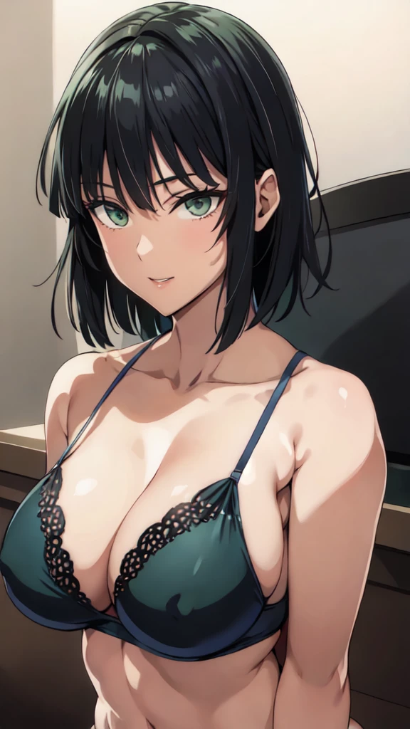 fubuki, fubuki, Dark green hair, Green Eyes, short hair, (Large :1.2),slender, (Black underwear:1.3), (Black Pantiesrait Shot, Beautiful body,(Upper Body Shot),arms behind back, Chest Focus, Close-up shot, only Upper Body Shot, break indoors, office, break looking at viewer, break (masterpiece:1.4), Highest quality, High resolution, unity 8k wallpaper, (figure:0.8), (Beautiful attention to detail:1.4), Bright room,Highly detailed face, Perfect lighting, Highly detailed CG, (Perfect hands, Perfect Anatomy), A proud smile
