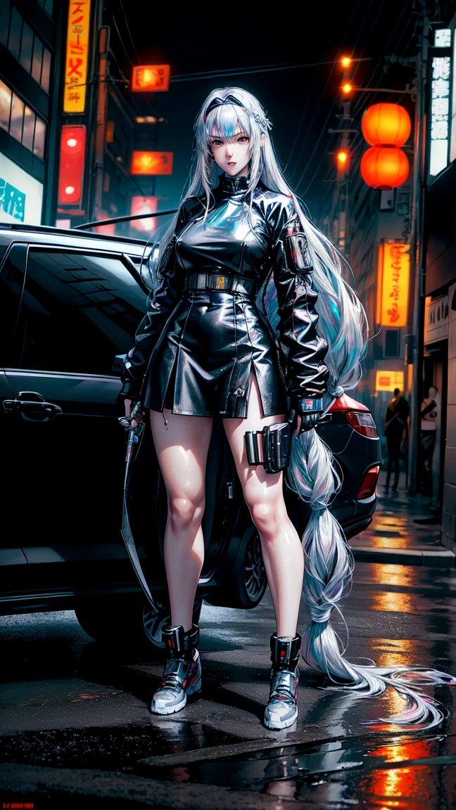 best quality,ultra-detailed,photorealistic,robotic, 1girl,young swordswoman,slim body, holding a glowing katana,futuristic cyberpunk night city , outfit blending futuristic technology, cyberpunk city guard, katana behind his back, long hair, white hair,,(guardian of the city:1.2), gacha splash,(harsh urban environment:1.3),(determination and bravery:1.2),masterpiece,cyberpunk style with Chinese influenceg, headband, car crash, night, rain, puddles, cyberpunk lights, , extreme detailed,,, (long hair:1.3),(iridescence holographic Clothing:1.1)