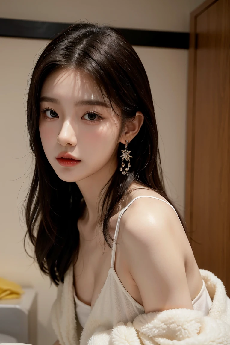 1girl, korean kpop idol and model ,23 years old,soft body, fair skin,close-up, 8k, RAW photo, best quality, masterpiece,realistic, photo-realistic,cute, earrings, changing room, changing fashion wear,  High image quality