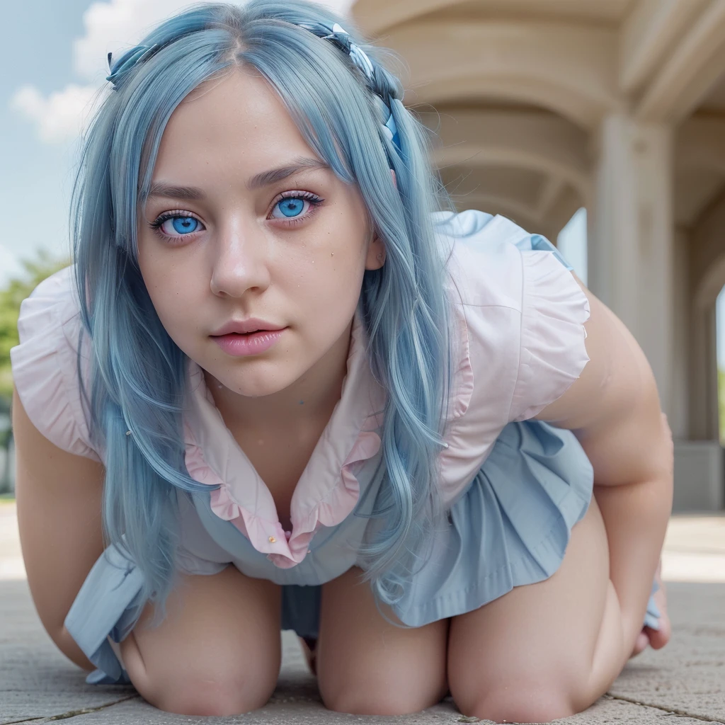 (detailed beautiful eyes and detailed face, masterpiece side light, masterpiece, best quality, detailed, high resolution illustration), (1girl, beautiful girl, glowing skin), (sky blue hair, pink eyes, skirt, ribbon, buttoned shirt)(kneeling on the ground)
