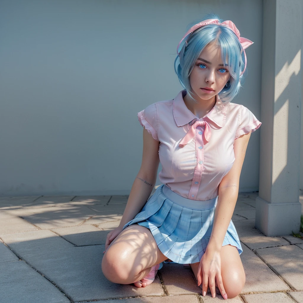 (detailed beautiful eyes and detailed face, masterpiece side light, masterpiece, best quality, detailed, high resolution illustration), (1girl, beautiful girl, glowing skin), (sky blue hair, pink eyes, skirt, ribbon, buttoned shirt)(kneeling on the ground)