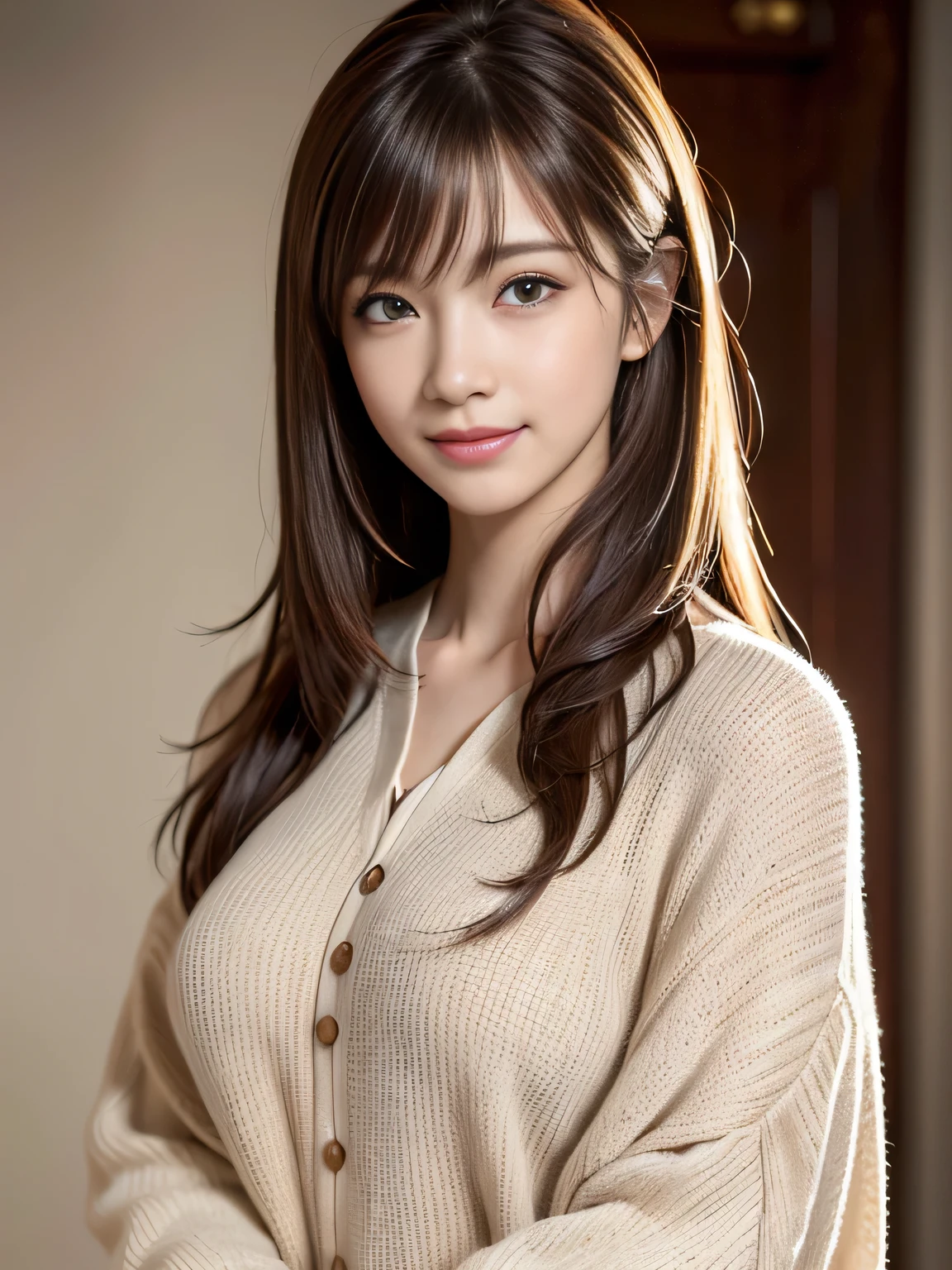 (Raw photo, Best Quality), (Realistic, Photorealsitic:1.4), masterpiece, extremely delicate and beautiful, Extremely detailed, 8k wallpaper, amazing, finely detail, extremely detailed CG Unity, hight resolution, 1 japanese woman, cowboy:1.3 shot, Soft light, beautiful detailed women, 25 years old, extremely detailed eye and face, beautiful detailed nose, Beautiful detailed eyes, Cinematic lighting, Perfect Anatomy, Glamour, (Mischievous smile), (hair messy, asymmetrical bangs, light brown hair), neat and clean clothing, layering clothing,
