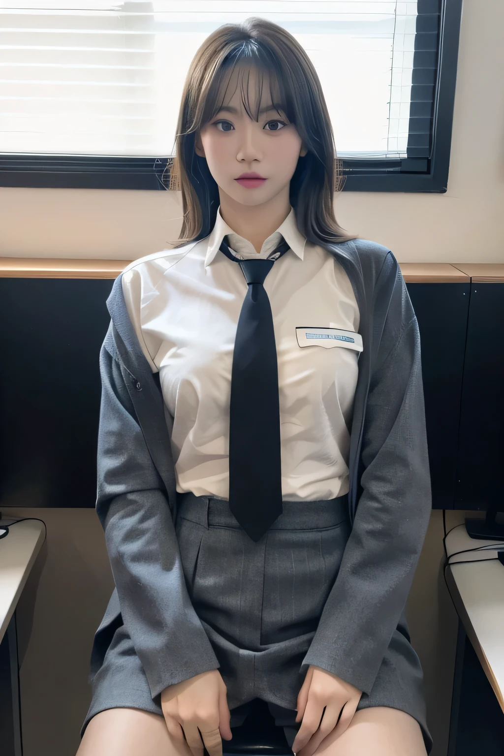 Best quality, masterpiece, ultra high res, (photorealistic:1.4), raw photo, 1girl, cinematic lighting, office, suit, necktie, uniform, sitting on desk