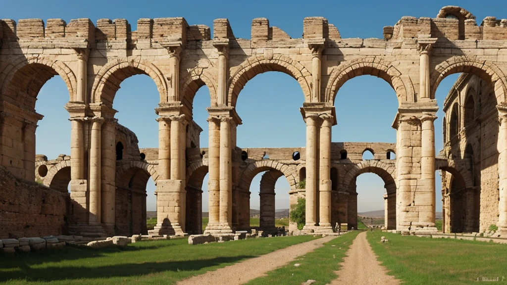 Create a detailed and realistic depiction of a Roman aqueduct as it would have appeared in ancient Roman times. The scene should include the following elements:Aqueduct Structure: Illustrate the aqueduct with its characteristic arched structure, showing multiple tiers of arches built from stone. The aqueduct should look grand and imposing, stretching across a landscape. Architectural Details: Highlight the architectural details of the aqueduct, such as the stonework, keystones in the arches, and any inscriptions or decorative elements that might have been present. Historical Accuracy: Ensure historical accuracy in the depiction of clothing, architecture, and tools to reflect the Roman period authentically. The overall atmosphere should reflect the ingenuity and grandeur of Roman engineering.
