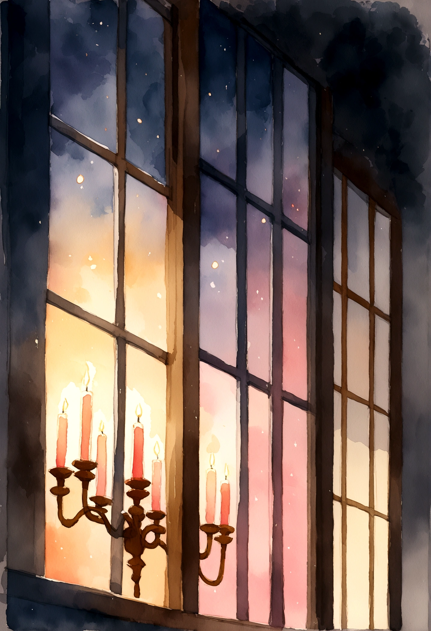 candles on the windows outside , watercolor