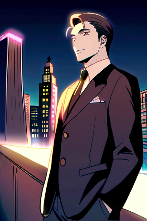 handsome (gay) male couple, mafia, one man is taller (firm face, thick eyebrows, handsome, white skin, thin body, wooflcut hair) one man is shorter (soft face, white skin, round eyes, sweet smile, hair brown, short hair, sweet aura, funny, handsome). the position they are sitting in, the background of the night street, the night atmosphere, the city