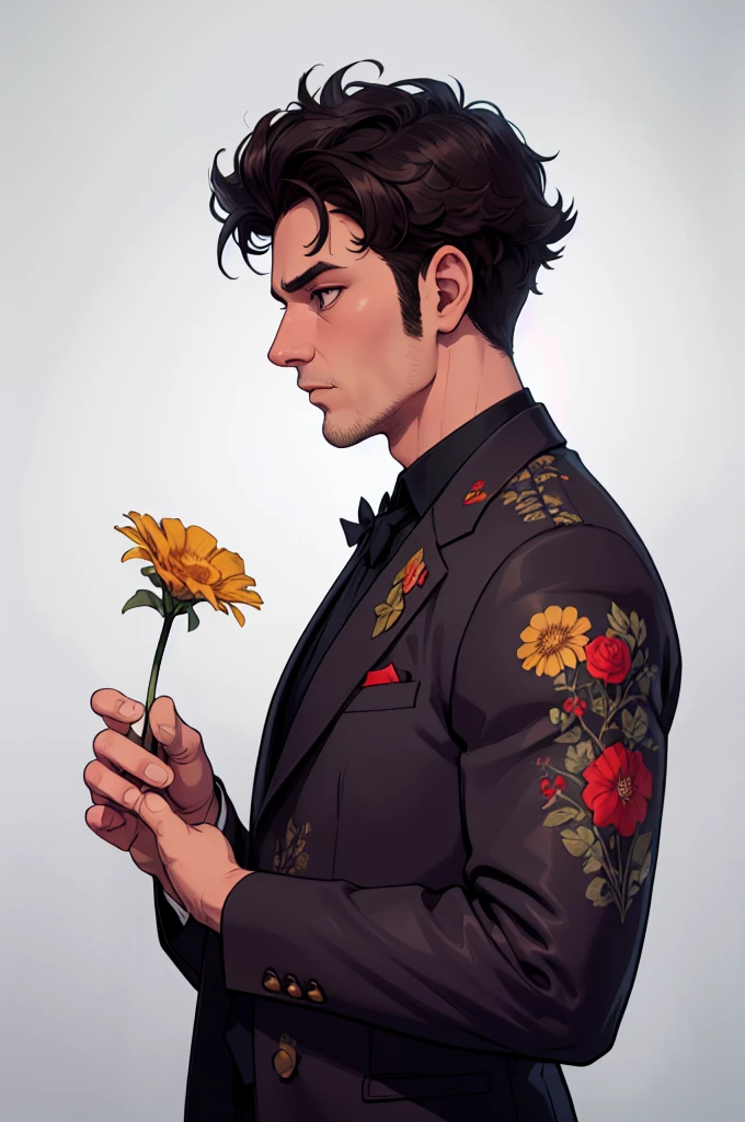 Cinematic photo, wide angle, of a handsom man, tall and fit, 40 years old, (shaven:1.2) , short curly brown hair. dark brown tight velvet suit, (the jacket has black flower patterns:1.2). Minimalistic background, clean composition, strong details, Muted Colours, Hasselblad --style raw, side view