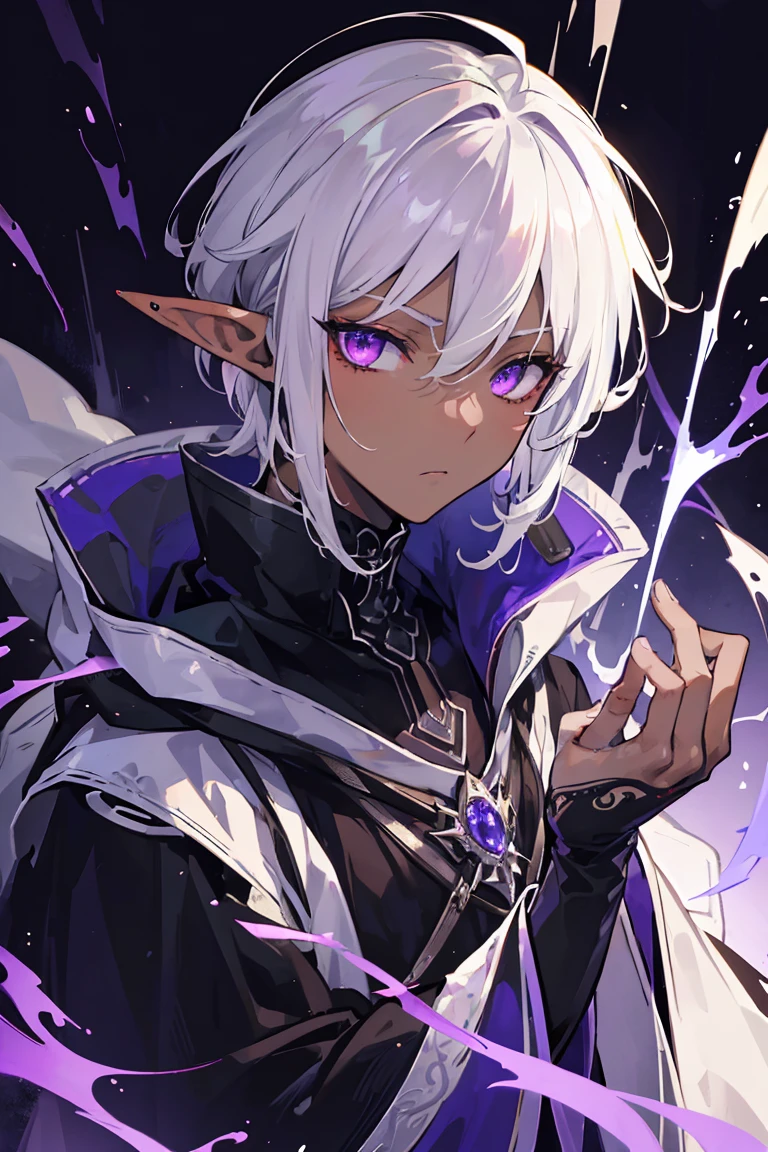 masterpiece, high quality, perfect face, 1man, male, tall, dark elf, short messy white hair, glowing purple eyes, dark skin, long elf ears, tired eyes, eyebags, black robe