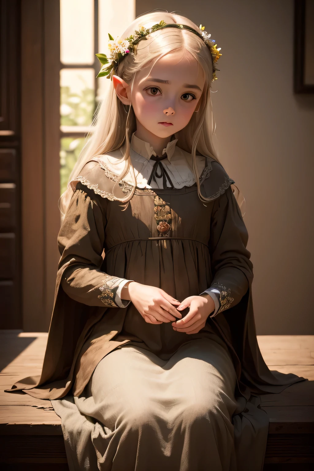 ((best qualityer)), ((work of art)), (detailded), 8K, 4K, hight contrast, work of art, 1 old flower girl , similar to the works of JRR Tolkien, clear lighting, detailed shadows