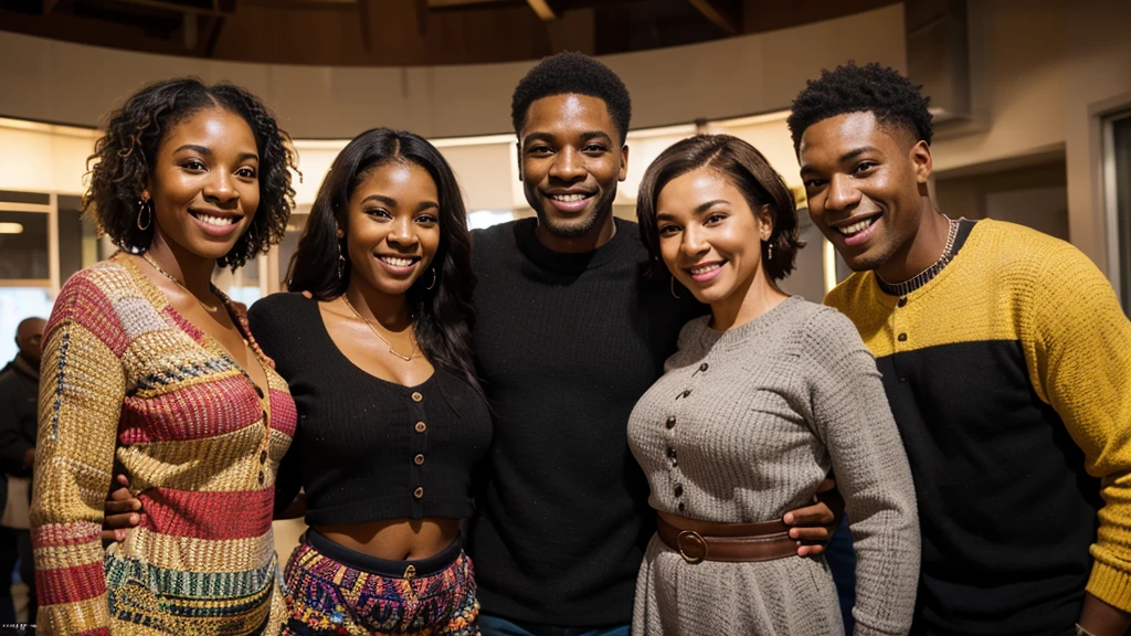 a group of five happy black american peopl(man and women), smiling, standing together, positive vibes, cheerful expressions, warm lighting, vibrant colors, detailed faces, intricate clothing, photorealistic, 8k, cinematic, dramatic lighting, cinematic composition