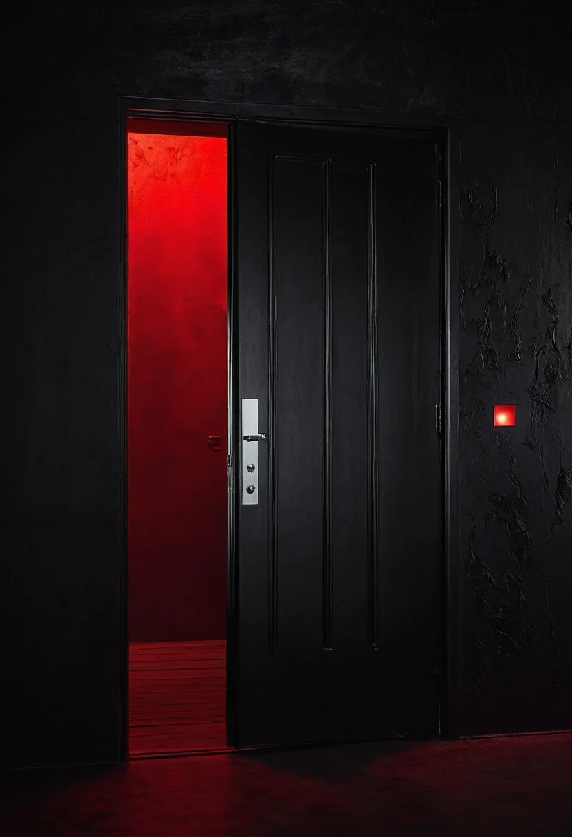 darkness, a black wall. With an open door with a bright red light coming from inside the door.