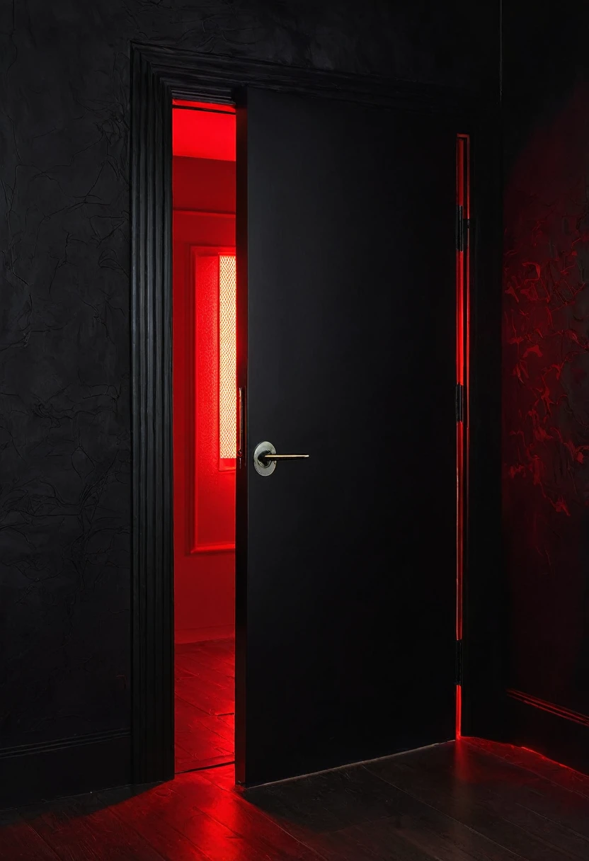 darkness, a black wall. With an open door with a bright red light coming from inside the door.