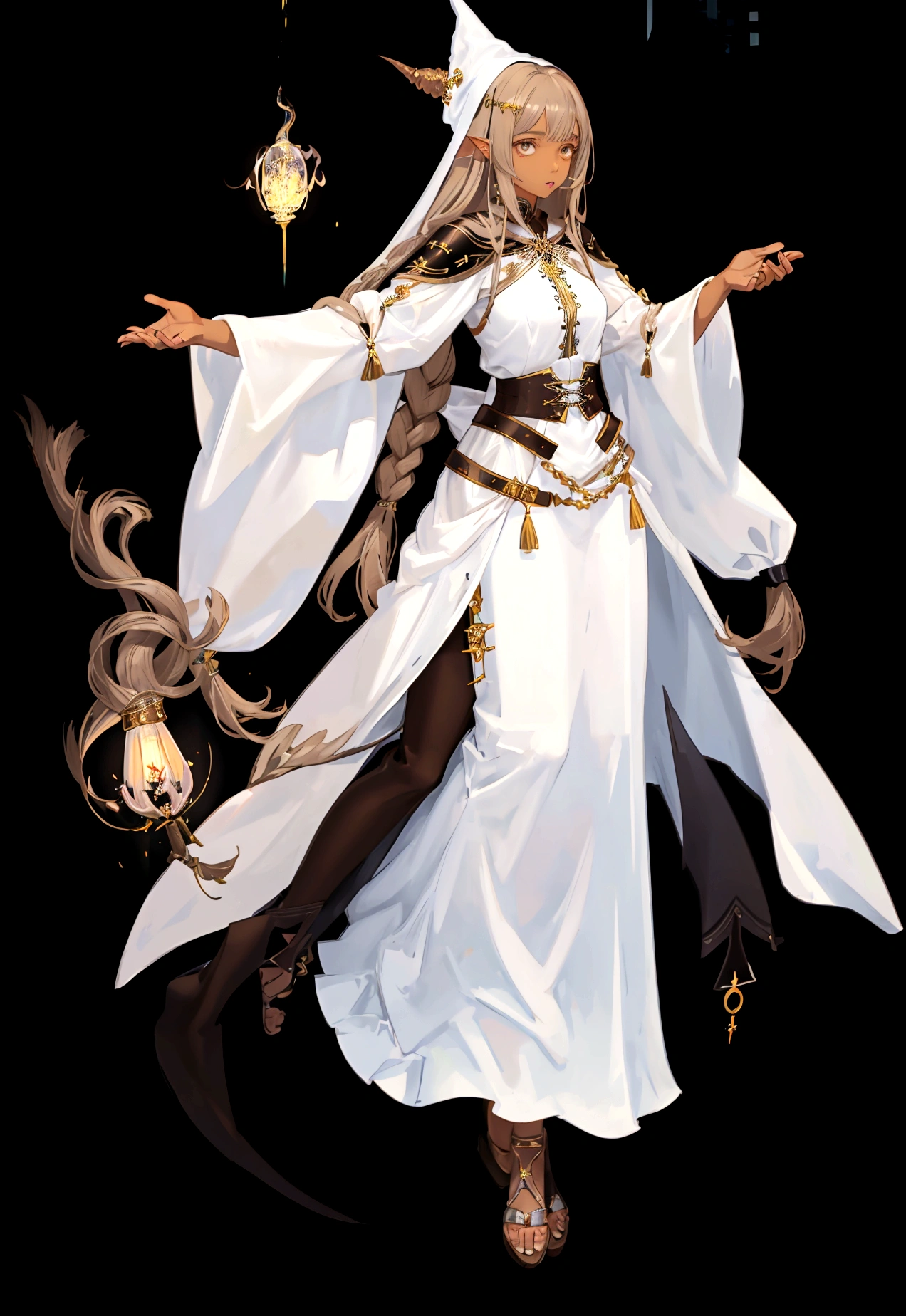 Character (light brown skin) (adult woman) (white long hair) (white witch-style clothing) (character casting spell pose) (full body) (black background)
