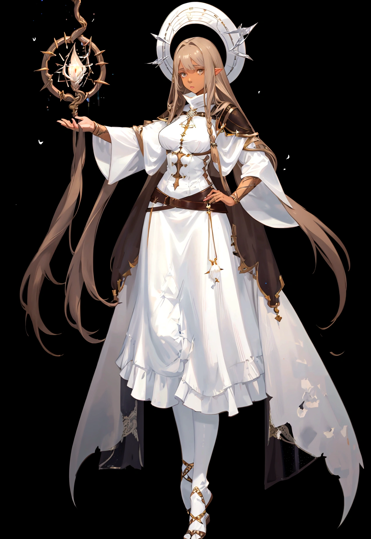 Character (light brown skin) (adult woman) (white long hair) (white witch-style clothing) (character casting spell pose) (full body) (black background)