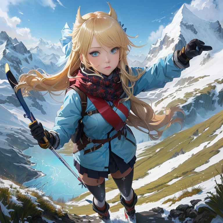 anime girl with long blonde hair and blue eyes holding a bow and a pair of skis, girl of the alps, high quality anime artstyle, rin, trending on artstation pixiv, detailed digital anime art, guweiz on pixiv artstation, guweiz on artstation pixiv, digital anime art, female explorer mini cute girl, high quality anime art