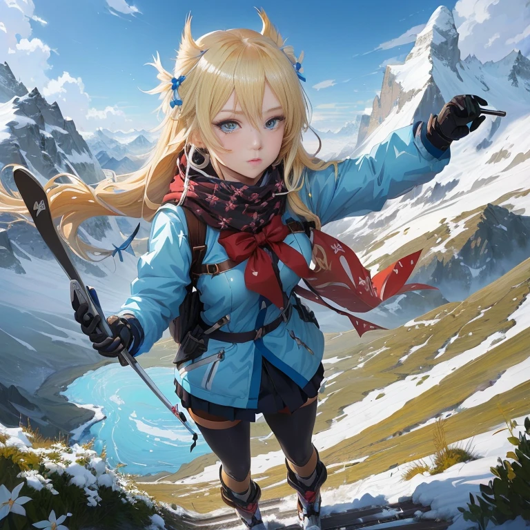 anime girl with long blonde hair and blue eyes holding a bow and a pair of skis, girl of the alps, high quality anime artstyle, rin, trending on artstation pixiv, detailed digital anime art, guweiz on pixiv artstation, guweiz on artstation pixiv, digital anime art, female explorer mini cute girl, high quality anime art